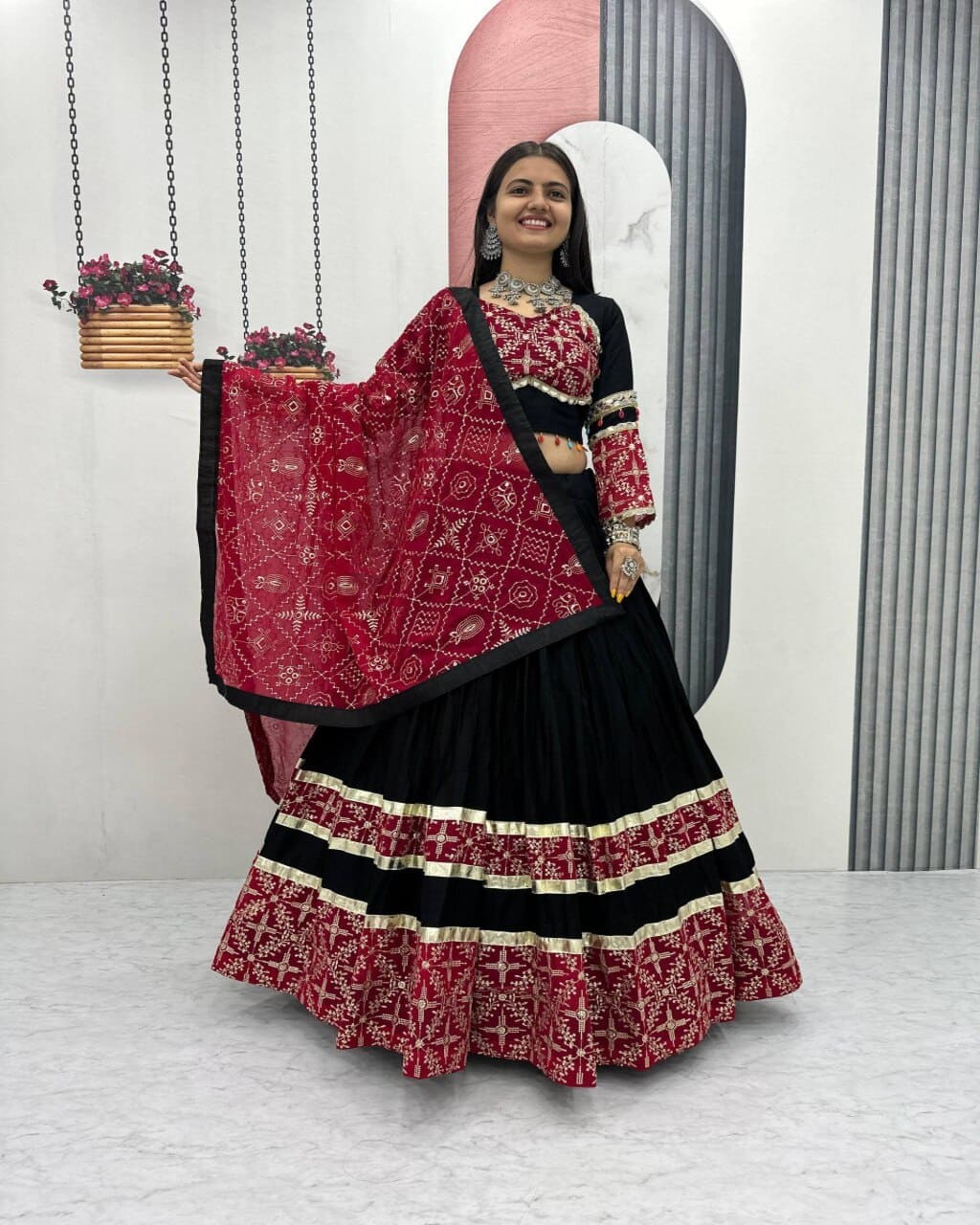 Black and red cotton lehenga choli set with mirror embroidery for Navratri festival