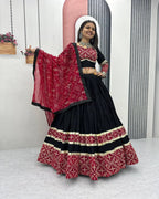Festive black lehenga choli for women with red dupatta and heavy embroidered design

Designer cotton black red lehenga choli set for Navratri and wedding occasions