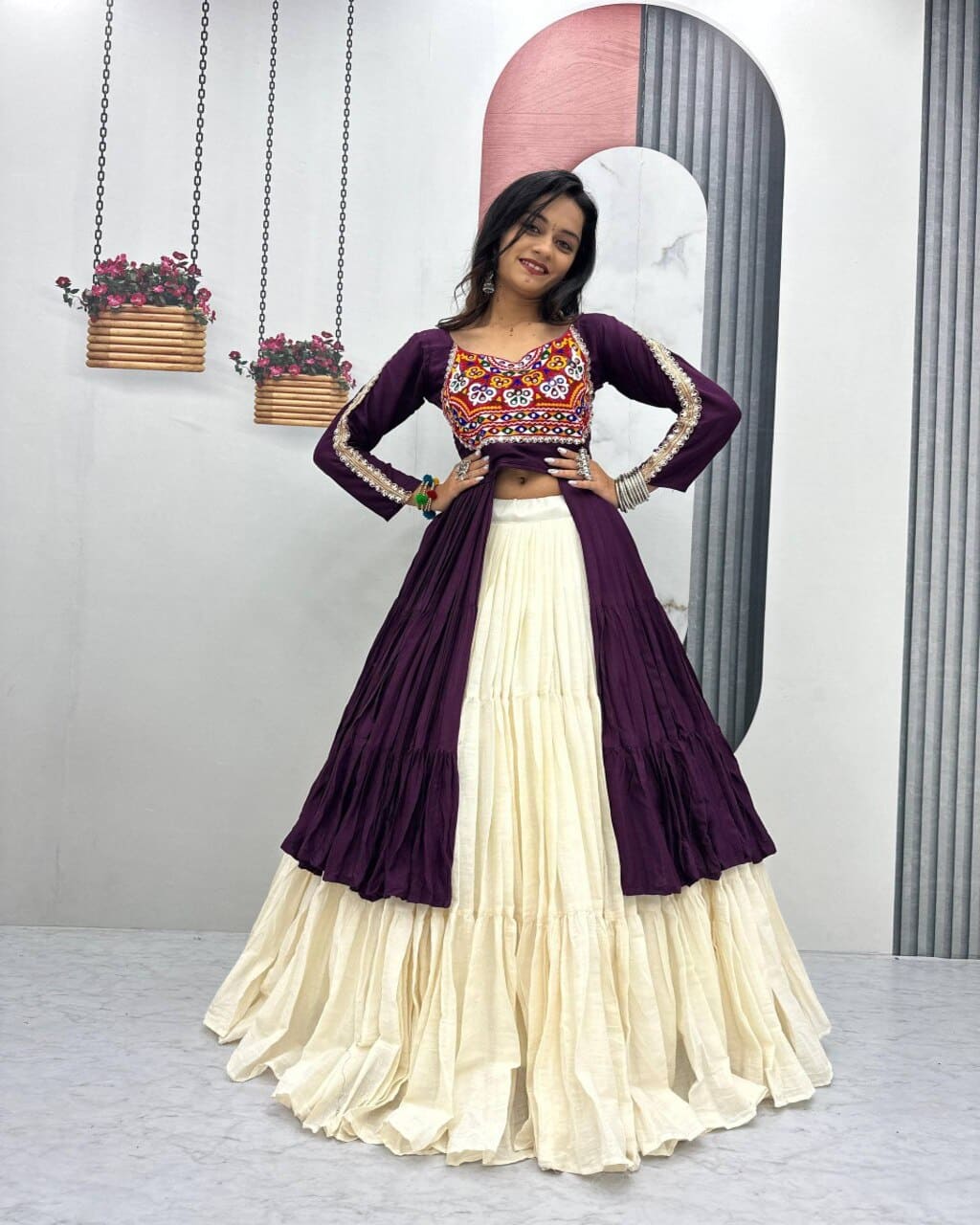 Wine mirror work lehenga choli for Navratri with stitched blouse and cotton comfort