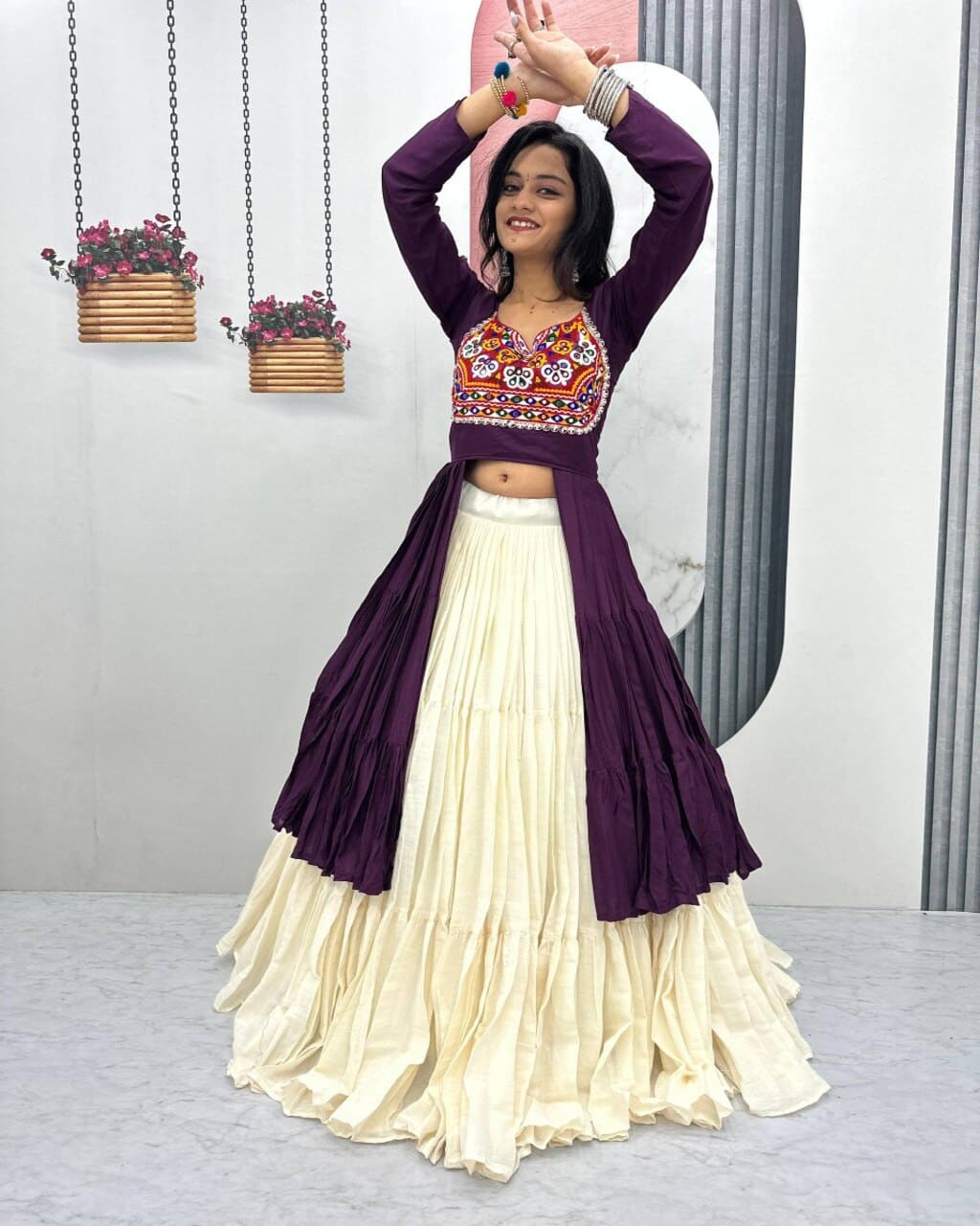 Traditional wine lehenga choli with real mirror work, perfect for Garba and Navratri