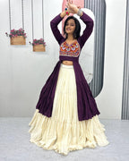 Traditional wine lehenga choli with real mirror work, perfect for Garba and Navratri
