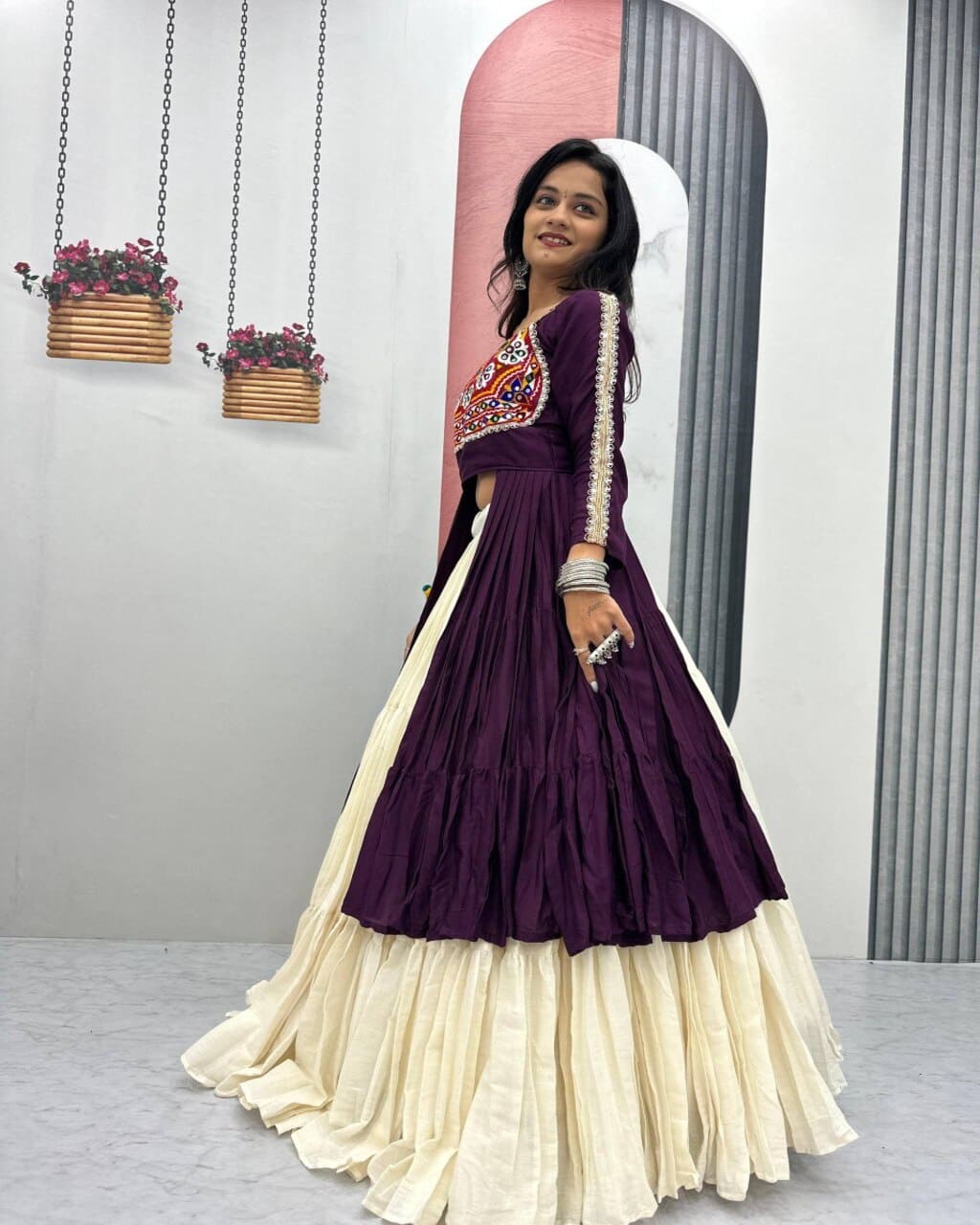 Stitched cotton wine lehenga choli for Navratri with detailed real mirror handwork