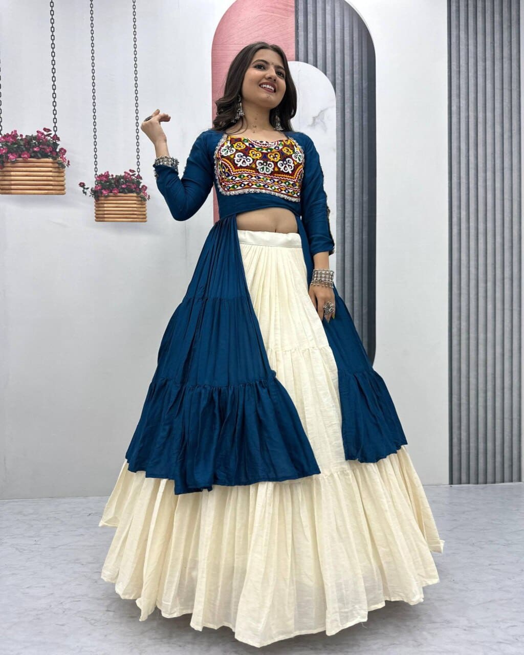 Navratri special blue lehenga choli with 9 meter flair and stitched blouse