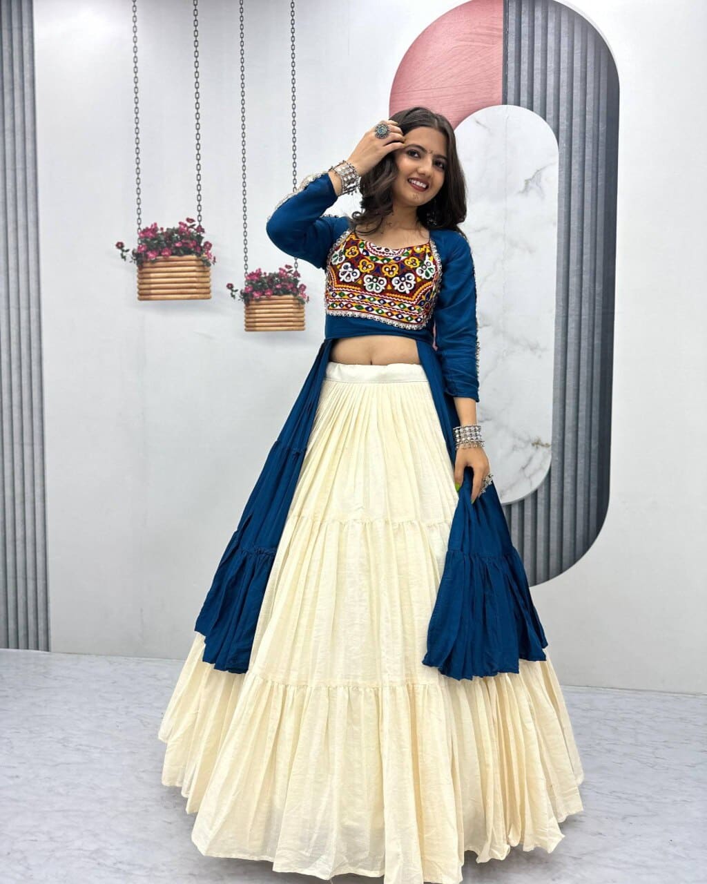 Blue cotton mirror work lehenga choli for Navratri and Garba night look