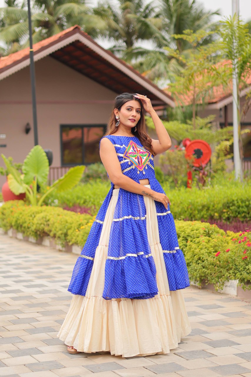 Navratri Designer Blue Lehenga Choli with Gamathi Work Cotton Set