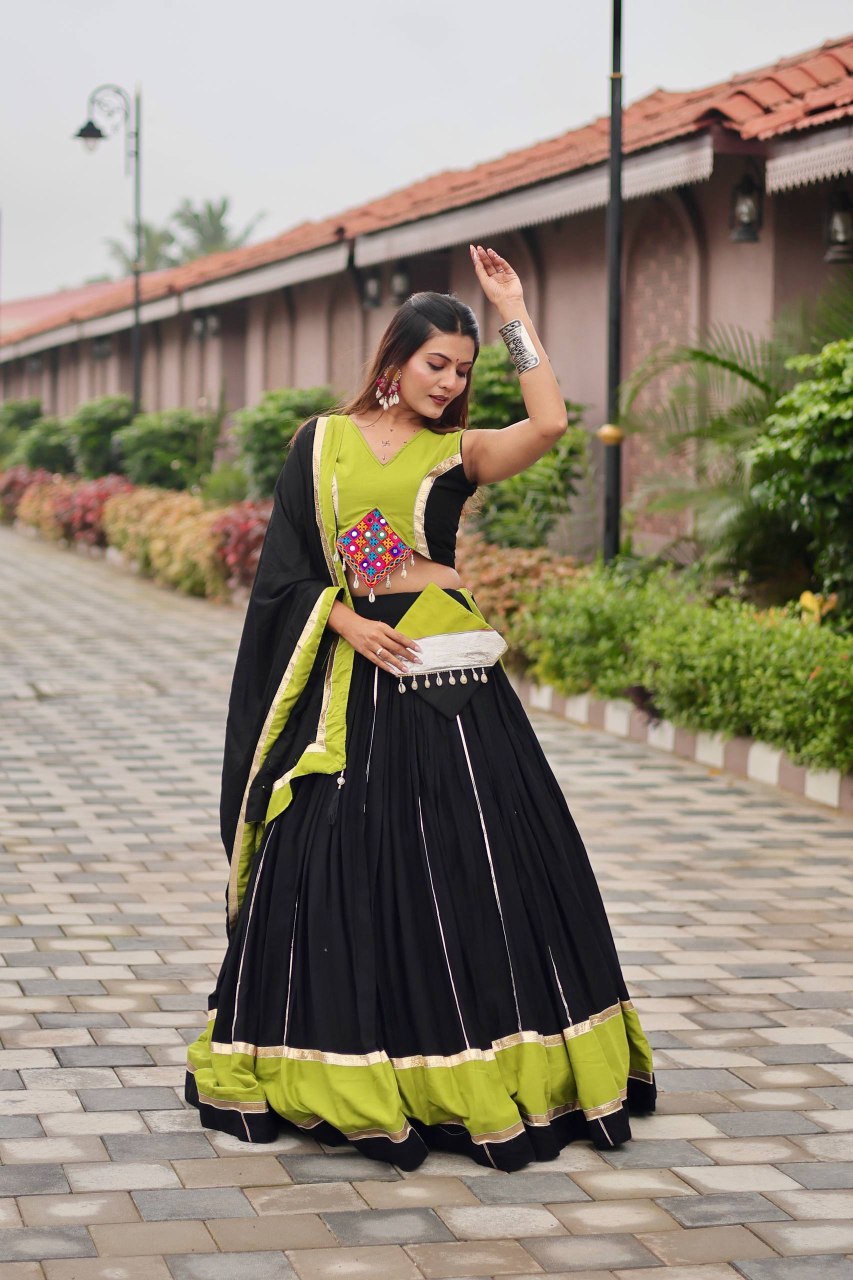Black Gamthi work cotton lehenga choli with mirror lace border for Navratri festive wear