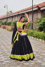 Black Gamthi work cotton lehenga choli with mirror lace border for Navratri festive wear