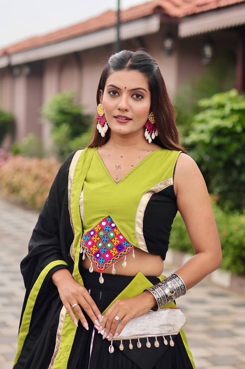 Navratri special black cotton lehenga choli with heavy Gamthi embroidery and mirror work