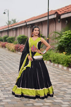 Black cotton lehenga choli Navratri outfit with Gamthi embroidery and elegant lace border