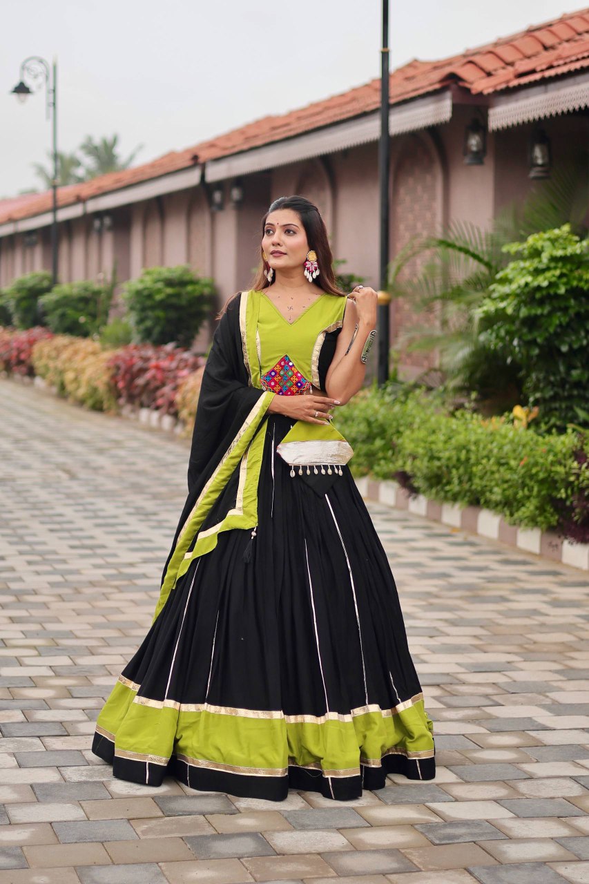 Festive wear black cotton lehenga choli with Gamthi embroidery and mirror lace embellishment