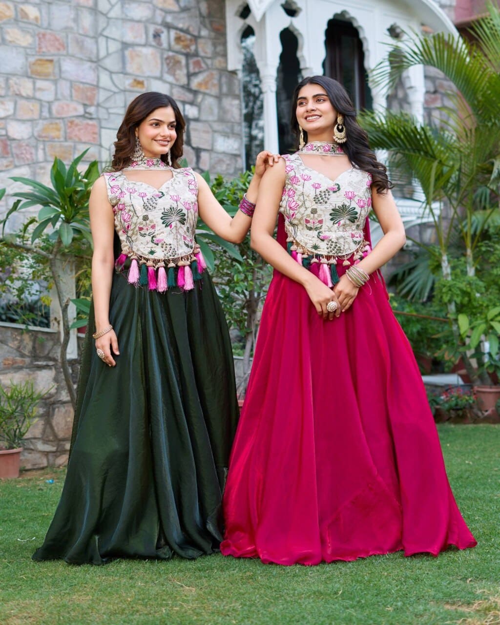 Elegant mehndi green lehenga choli in silk with dupatta for weddings and functions