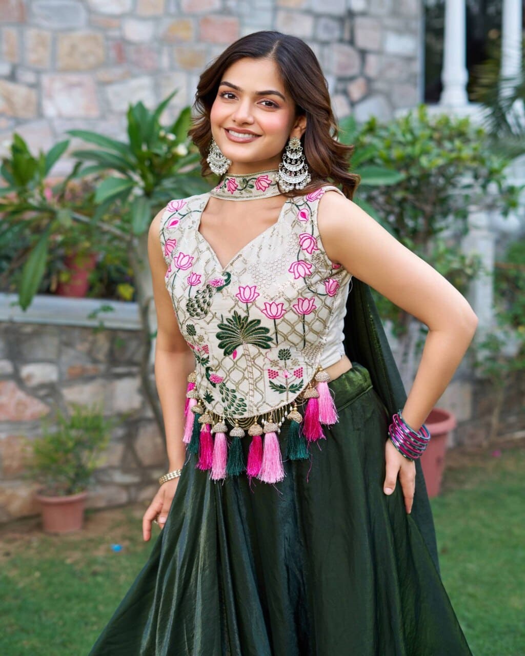 Stylish mehndi green lehenga choli set with blouse, lehenga, and embroidered dupatta