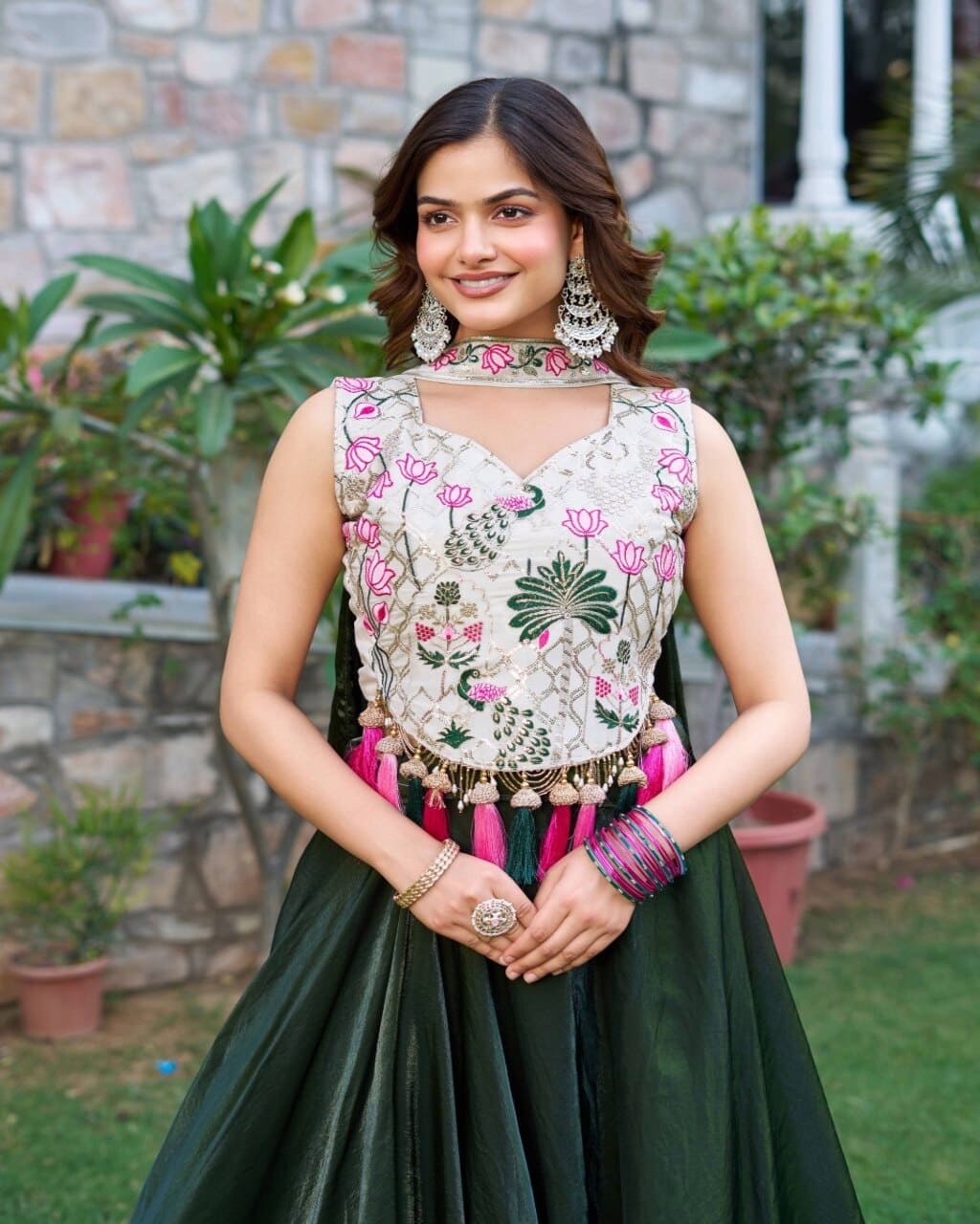 Designer mehndi green lehenga choli fully stitched with embroidery sequence work