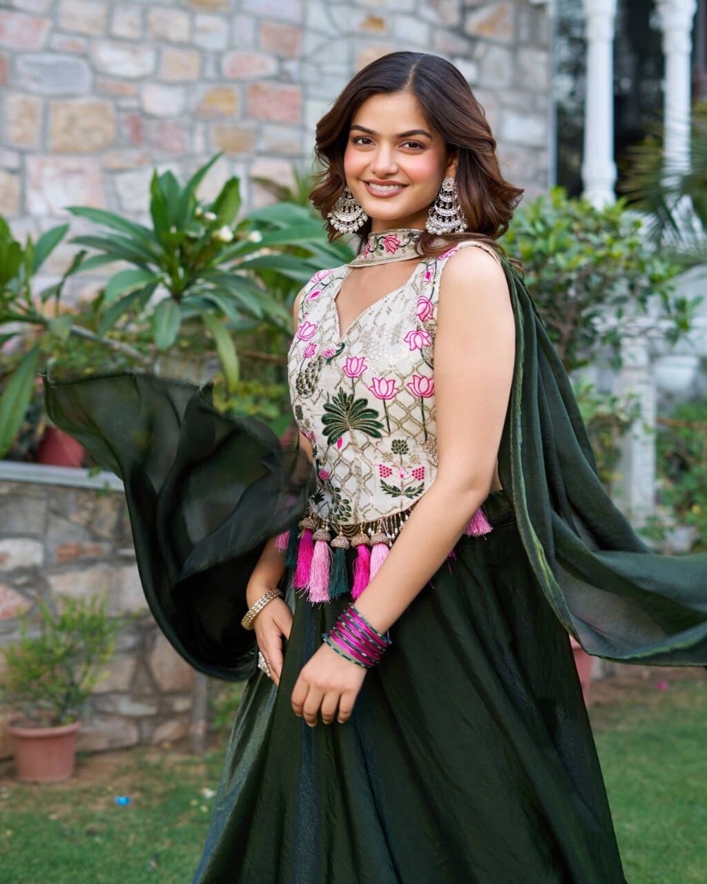 Festive wear mehndi green lehenga choli with premium silk and thread embroidery work