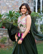 Festive wear mehndi green lehenga choli with premium silk and thread embroidery work