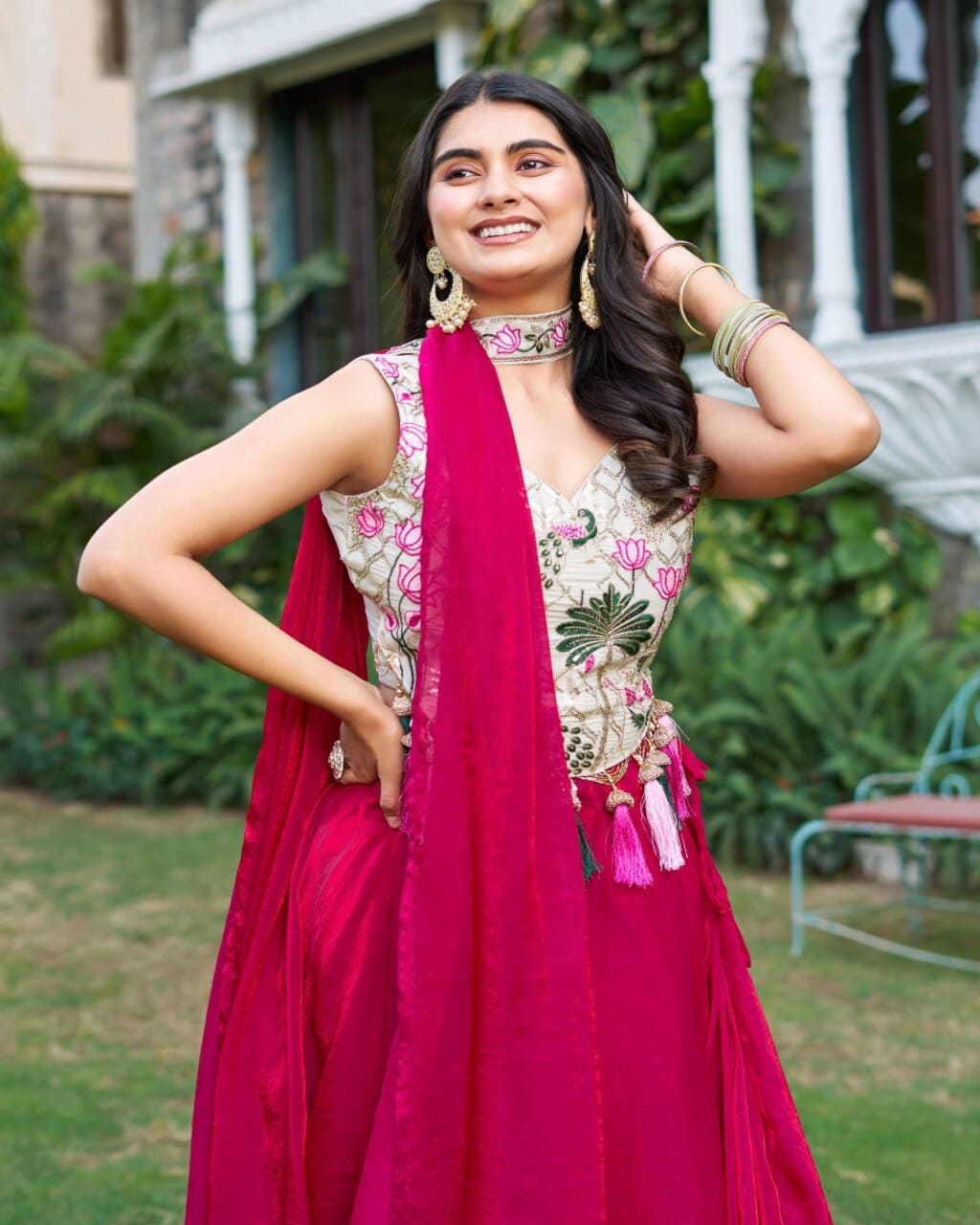 Designer Pink Lehenga Choli set with dupatta, silk fabric and embroidery details