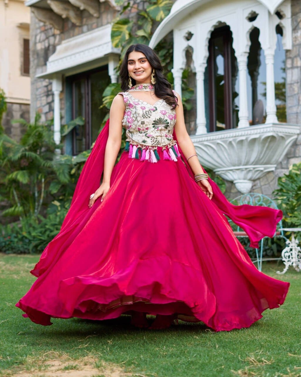 Elegant Pink Lehenga Choli in silk with heavy embroidery work, fully stitched design