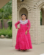 Pink festive gown for navratri featuring embroidery thread work and mirror embellish