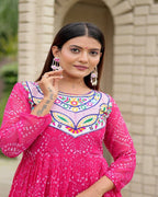 Trendy pink gown navratri outfit with 9 meter flair georgette and mirror embroidery