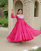 Elegant pink gown navratri style with mirror embroidery for festive garba nights