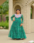 Designer Green Gown for Women with Thread Embroidery and Traditional Navratri Look