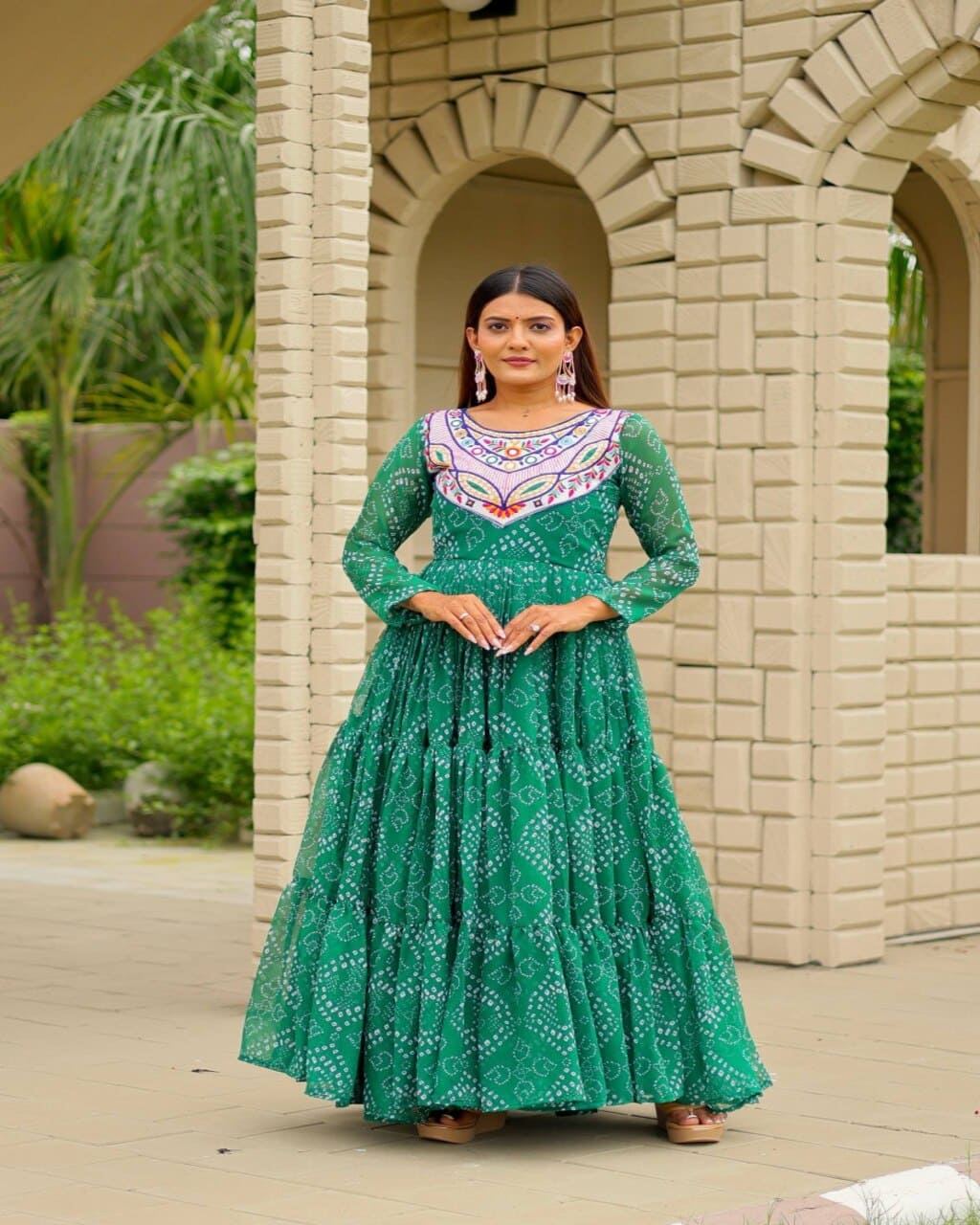 Navratri Special Green Georgette Gown with Real Mirror Work and 9 Meter Flair
