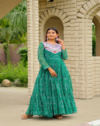 Stylish Green Embroidered Gown in Faux Georgette Fabric Perfect for Garba Nights