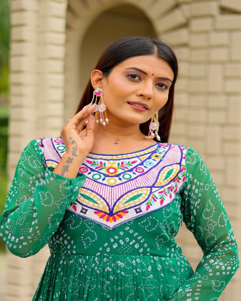 Elegant Green Georgette Gown with Heavy Flair and Real Mirror Embroidery Design