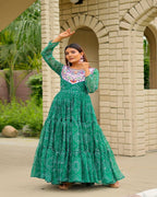 Festive Wear Green Gown with Mirror Embroidery Work Ideal for Navratri Celebrations