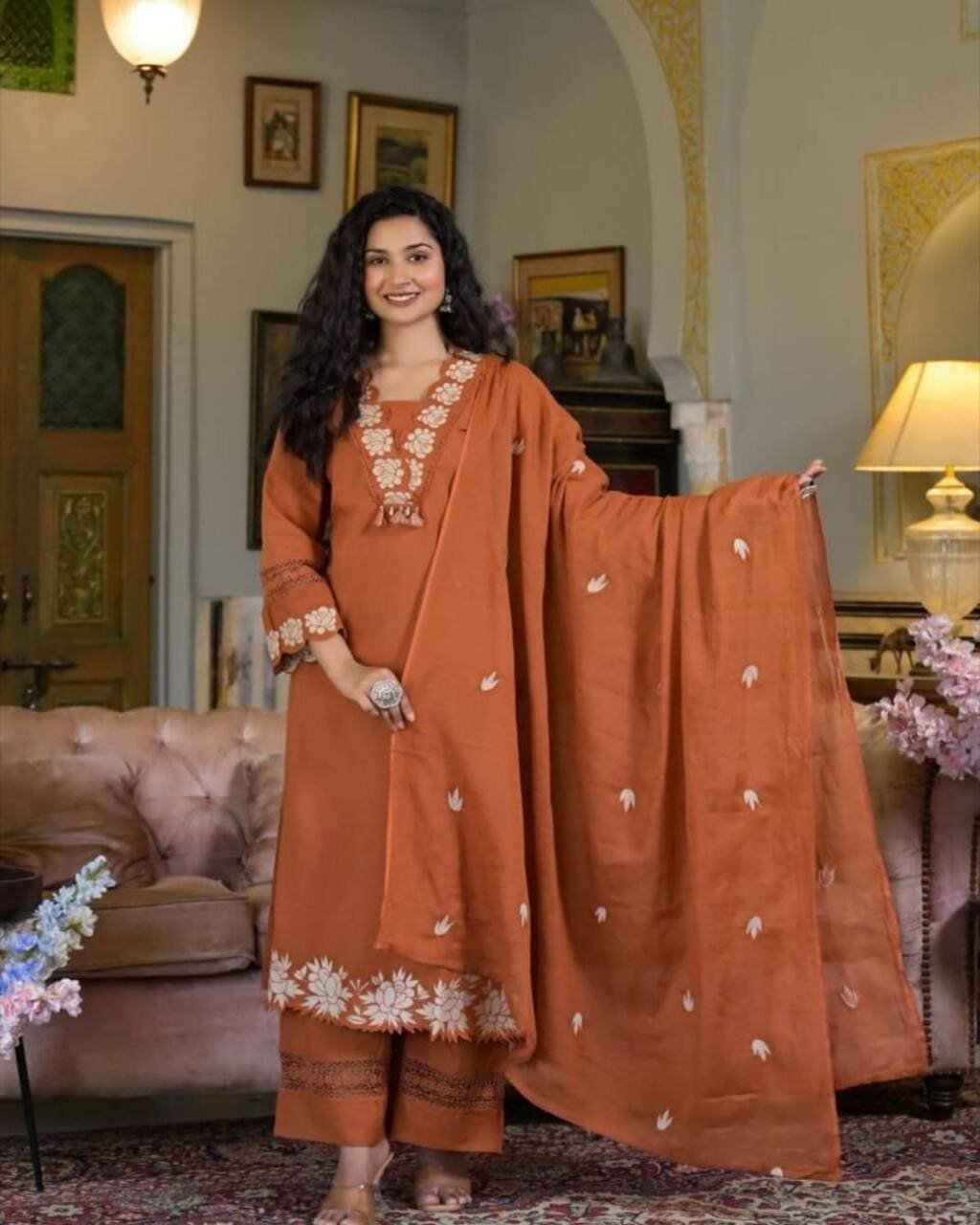 Rust Orange Floral Embroidered Suit Set with dupatta in rayon slub festive wear