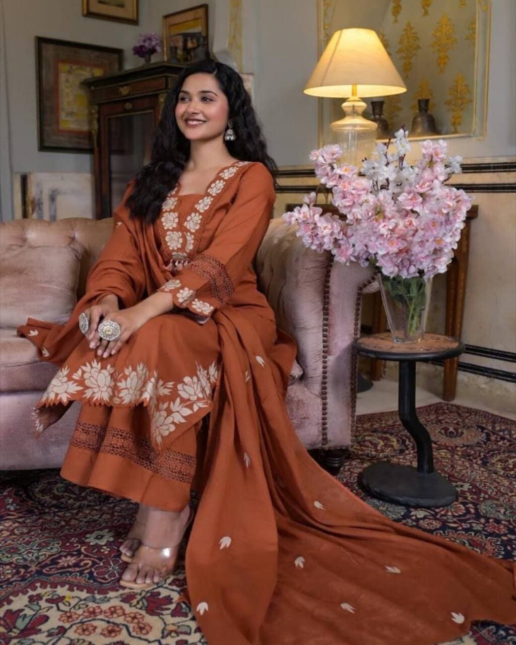 Designer Rust Orange Embroidered Suit Set with floral work and lace detailing