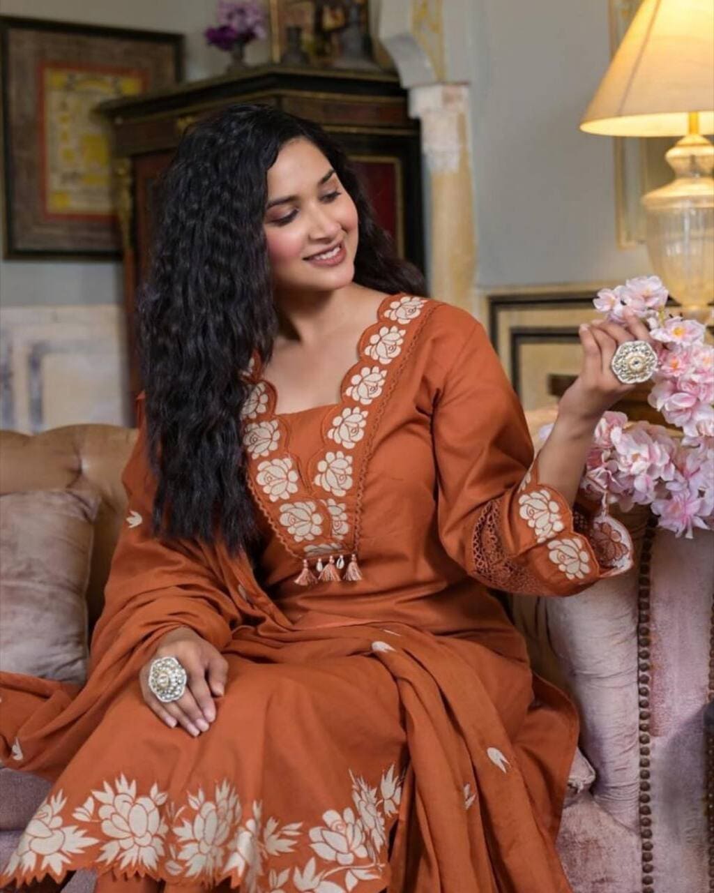 Rust Orange Suit Set for women with embroidery, dupatta and festive ethnic style