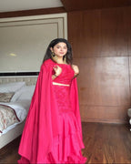 Pink Indo Western Skirt Set with Cape Dupatta for Women, French Crape Party Outfit
