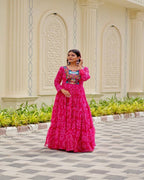 Navratri Special Pink Gown with embroidery thread work and mirror details
