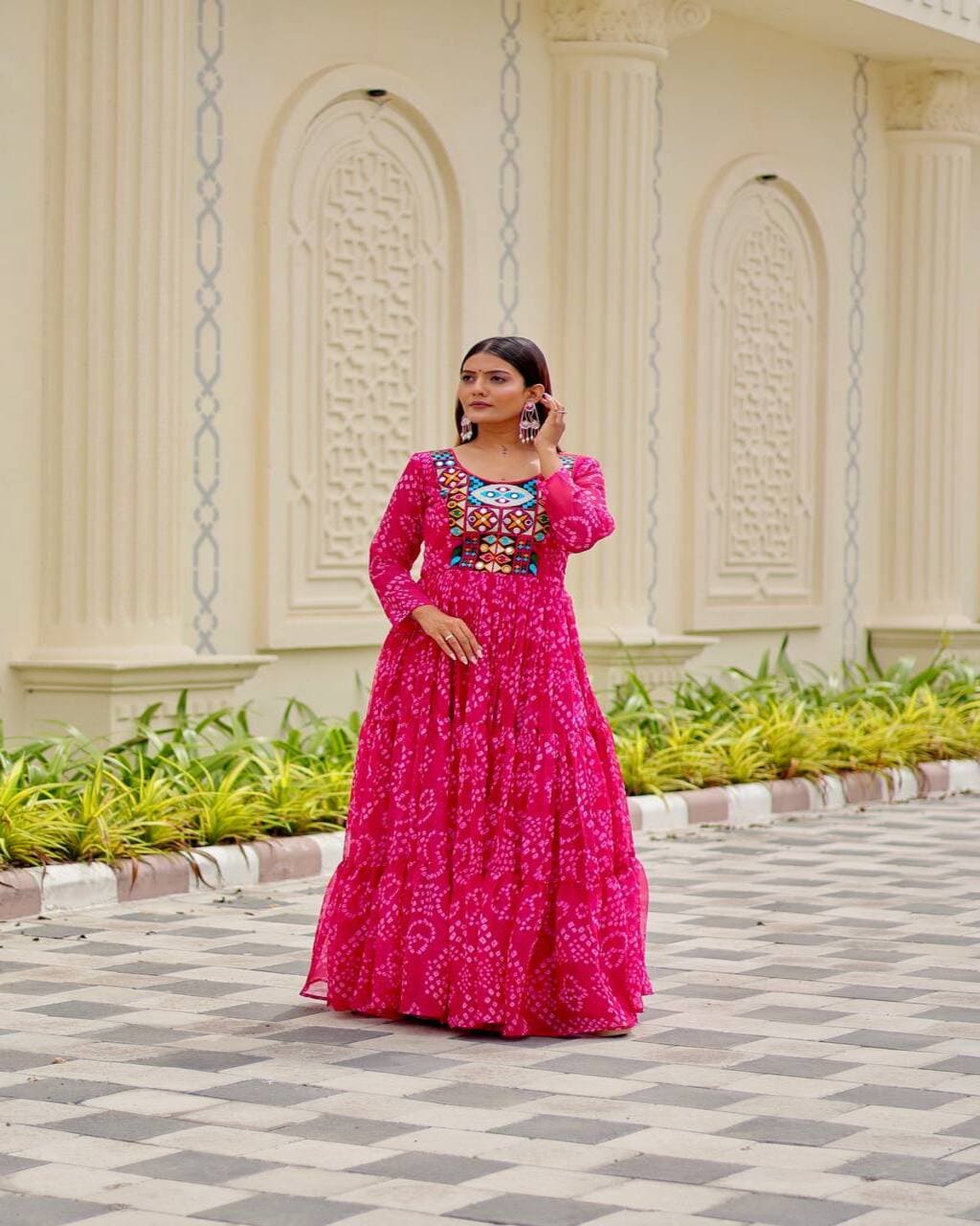 Navratri Special Pink Gown with embroidery thread work and mirror details