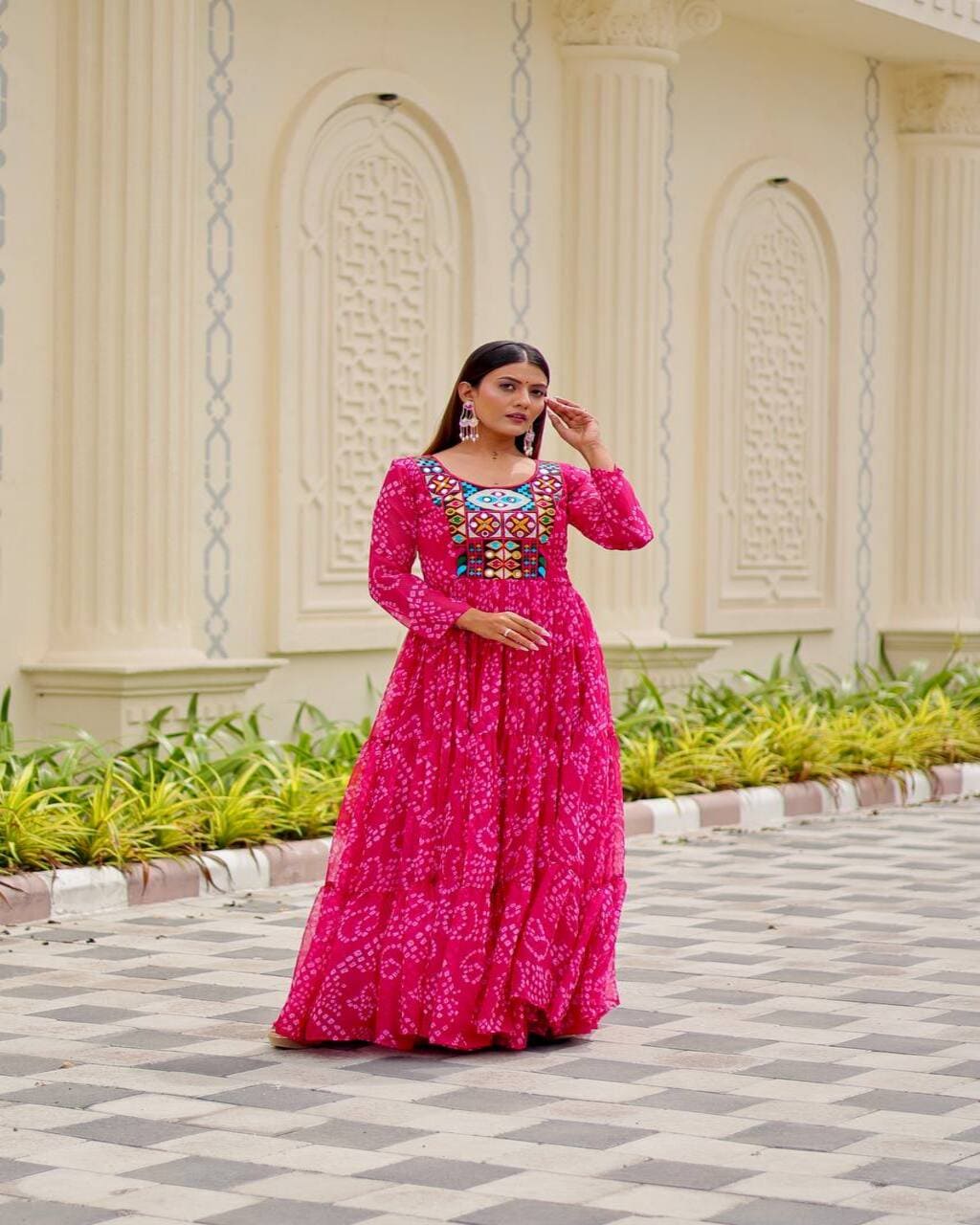 Festive Navratri Pink Gown, fully stitched, ideal for Garba celebrations