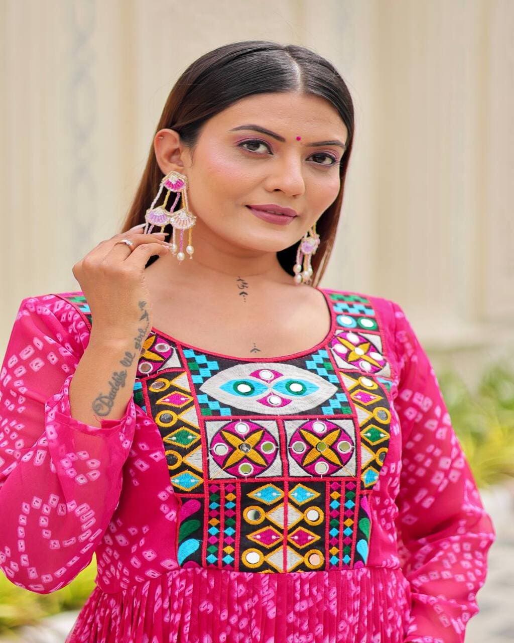 Pink Faux Georgette Gown for festive Garba and Dandiya nights