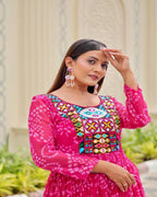 Elegant Pink Gown with mirror and thread embroidery for festive occasions