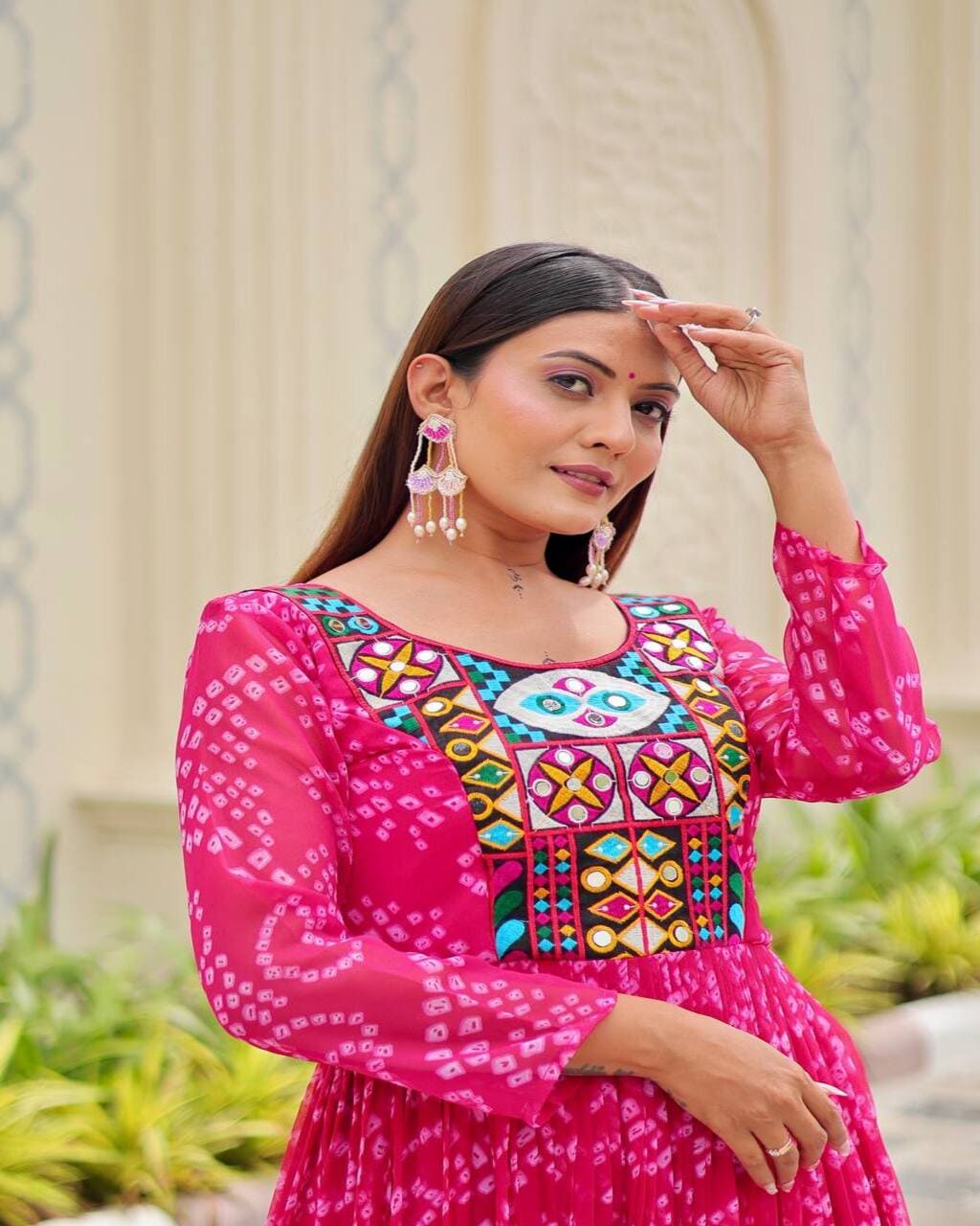 Elegant Pink Gown with mirror and thread embroidery for festive occasions