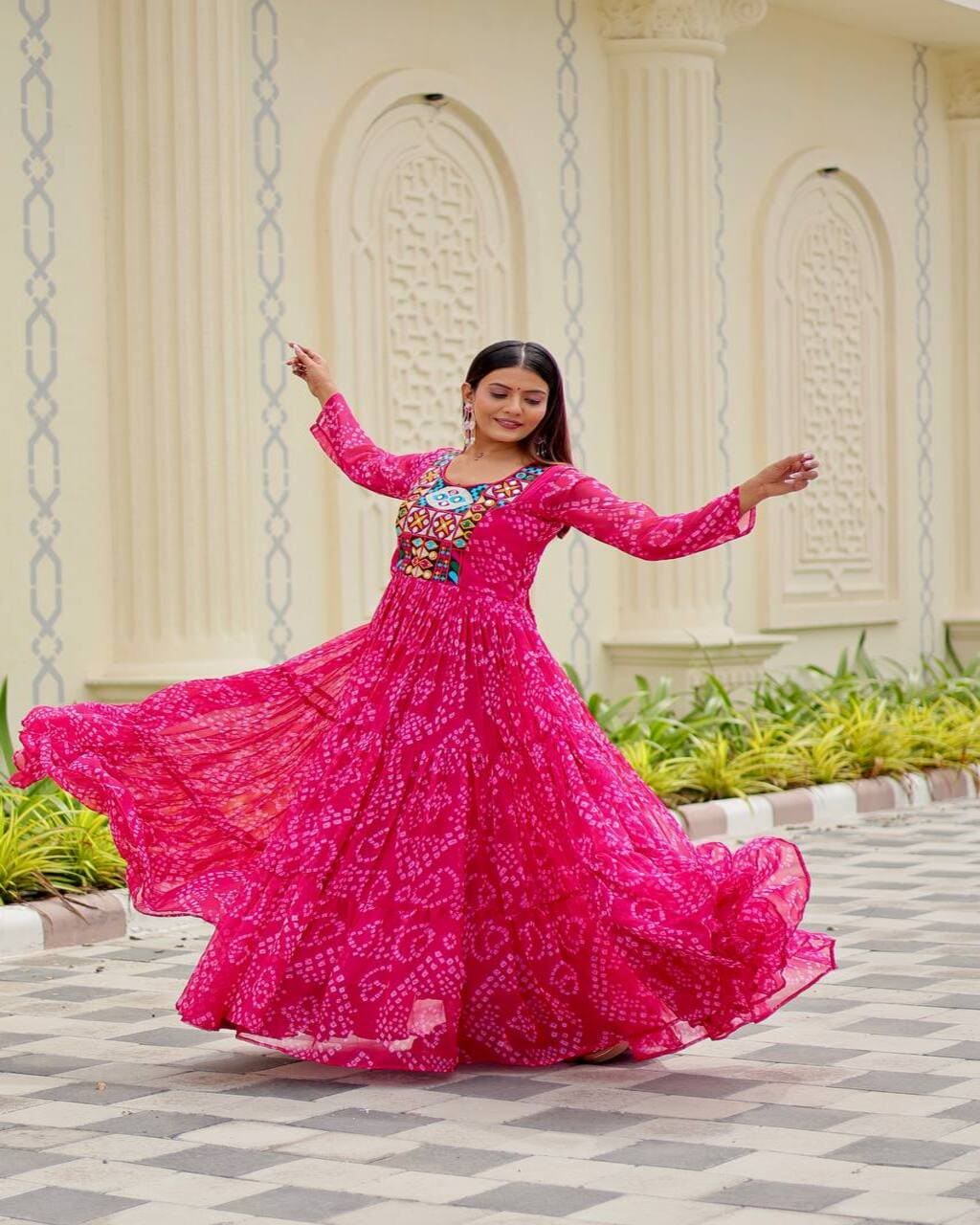 Navratri Pink Gamathi Work Gown with flair, perfect for party and festive nights