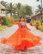 Navratri Special Orange Gown with embroidery thread work and mirror details