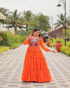 Fully stitched Navratri Orange Gown with 9-meter flair and comfy inner