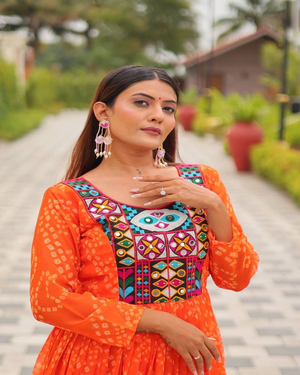 Orange Faux Georgette Gown for festive Garba and Dandiya nights