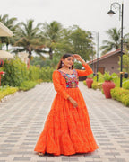 Festive Navratri Orange Gown, fully stitched, ideal for Garba celebrations