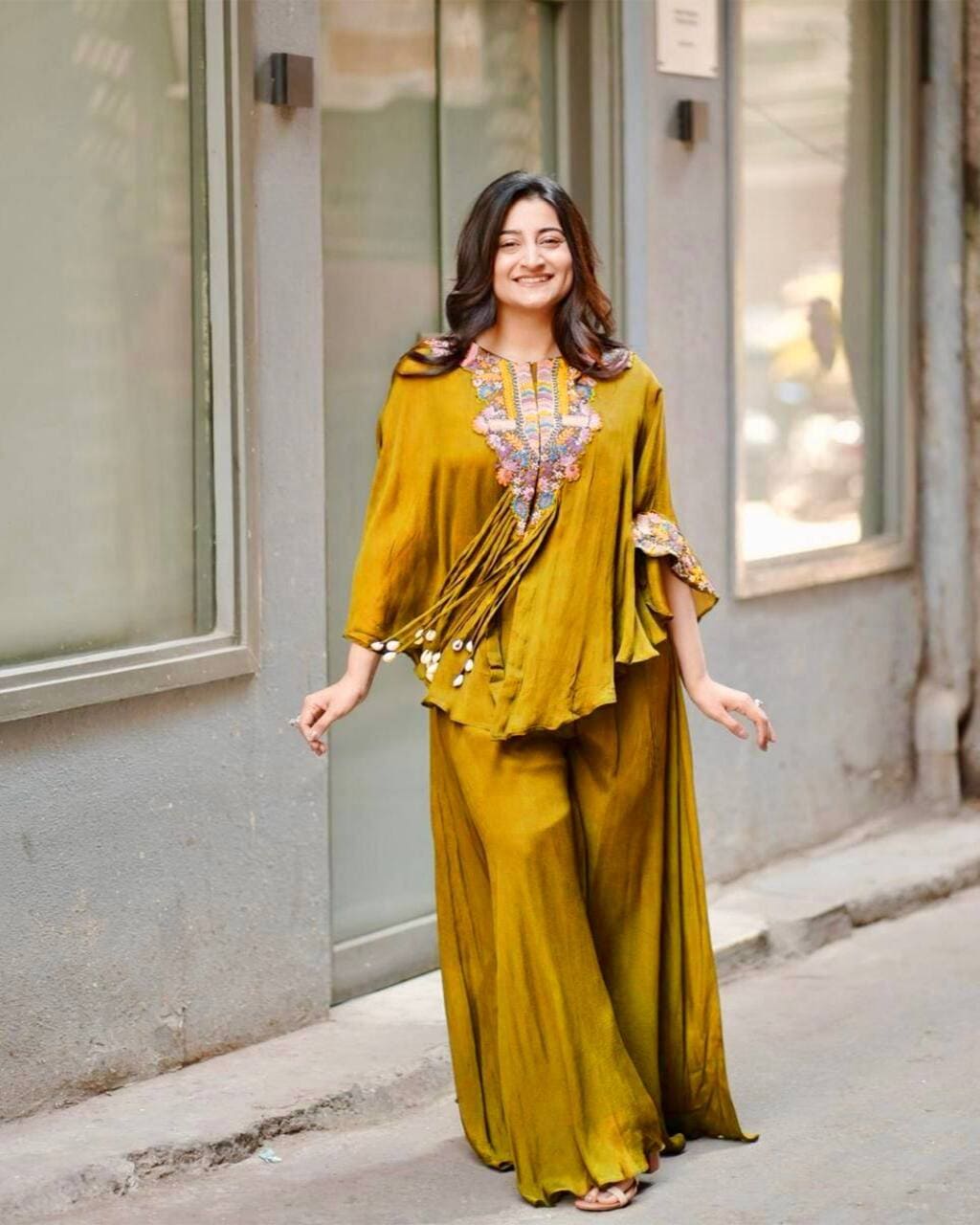 Mustard Three Piece Indo Western Outfit for Women with sequence embroidery and plazzo