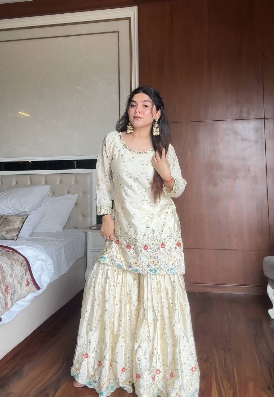 Designer Cream Sharara Suit Set for Festive and Wedding Occasions