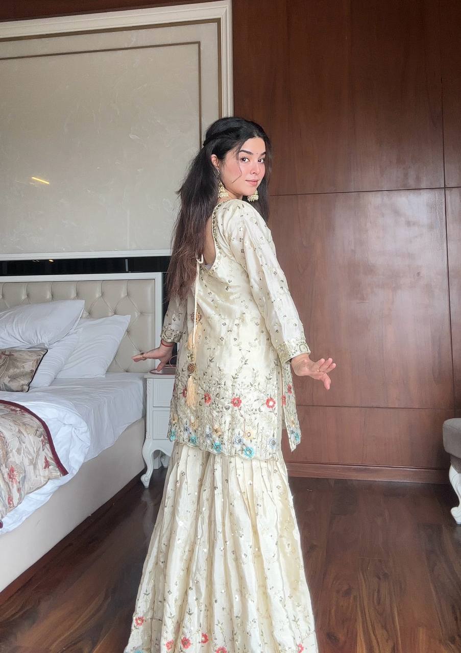 Cream Sharara Suit Set with Sequence Embroidery, Ideal for Wedding Functions