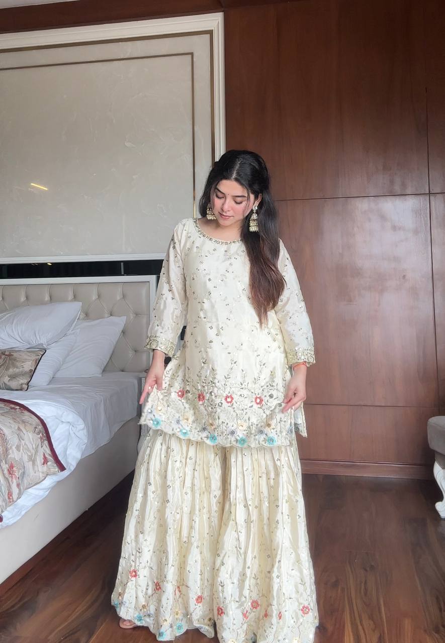 Premium Cream Sharara Suit Set Outfit for Stylish Wedding and Parties