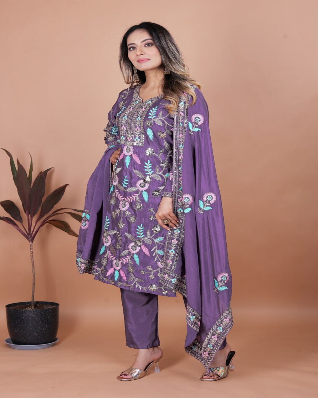 Purple Chinon Suit Set with heavy sequence embroidery work, perfect wedding attire