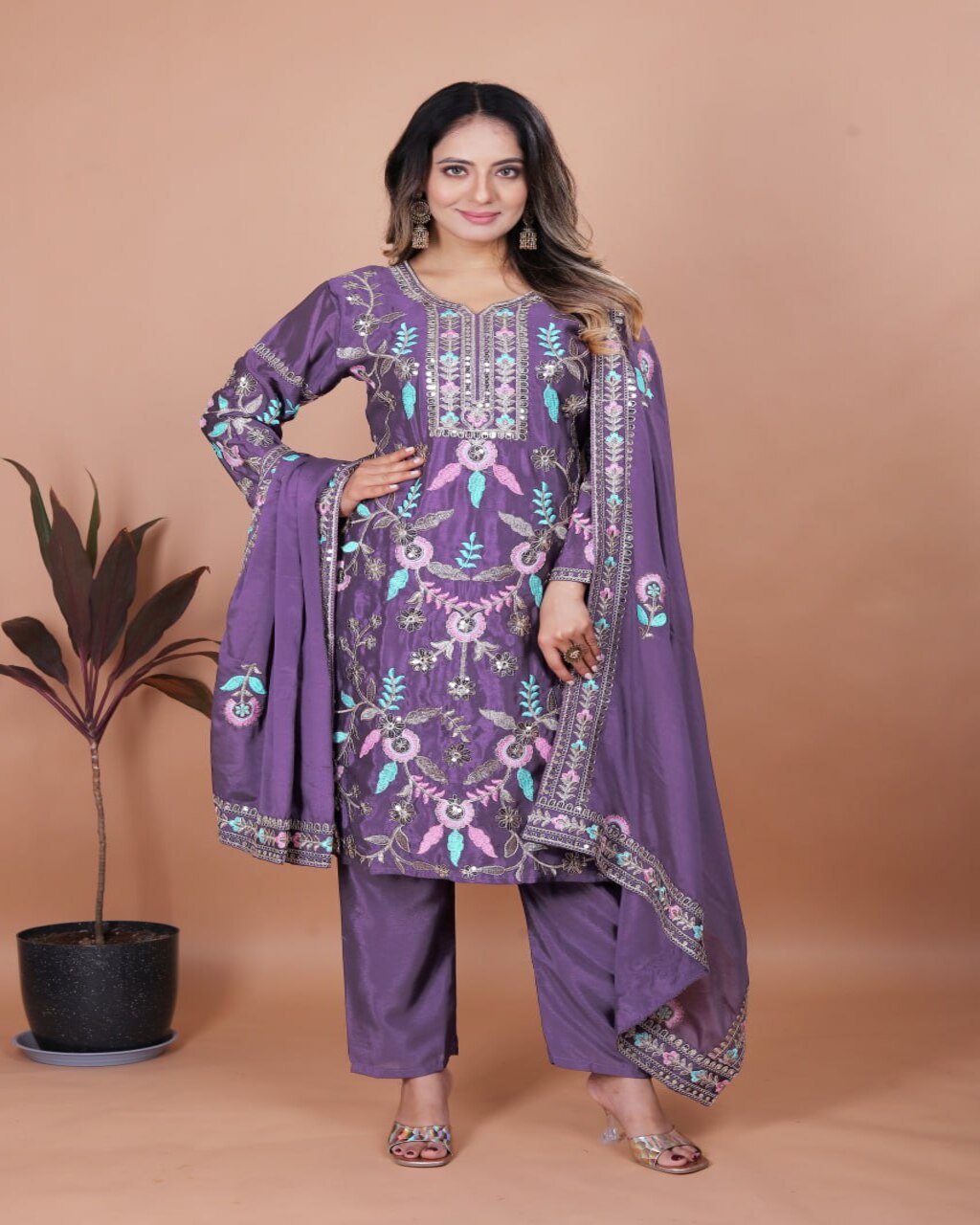 Designer Purple Embroidered Chinon Suit Set for Women, stylish festive wear outfit